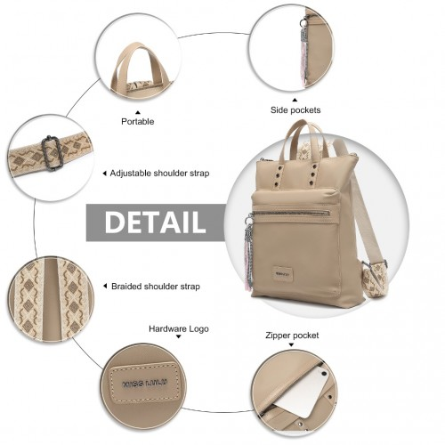 Miss Lulu Signature Style Backpack With Unique Details - Khaki | LT2355 | Stylish & Functional