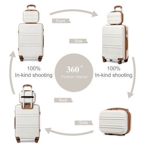 K1871-1L+EA2212 - Kono 6 Piece ABS Suitcase Set With 4 Wheel Design Including Vanity Case Weekend Bag And Toiletry Bag - Cream