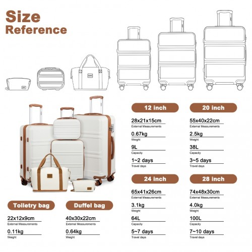 K1871-1L+EA2212 - Kono 6 Piece ABS Suitcase Set With 4 Wheel Design Including Vanity Case Weekend Bag And Toiletry Bag - Cream