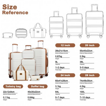 K1871-1L+EA2212 - Kono 6 Piece ABS Suitcase Set With 4 Wheel Design Including Vanity Case Weekend Bag And Toiletry Bag - Cream