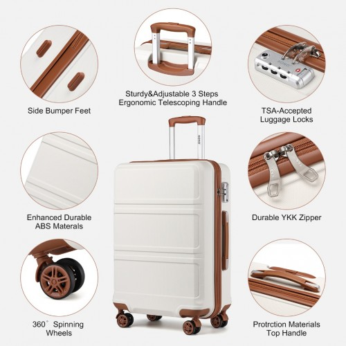 K1871-1L+EA2212 - Kono 6 Piece ABS Suitcase Set With 4 Wheel Design Including Vanity Case Weekend Bag And Toiletry Bag - Cream