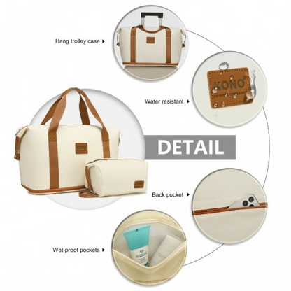 K1871-1L+EA2212 - Kono 6 Piece ABS Suitcase Set With 4 Wheel Design Including Vanity Case Weekend Bag And Toiletry Bag - Cream