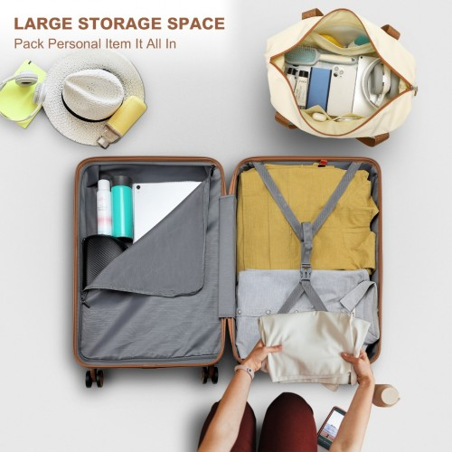 K1871-1L+EA2212 - Kono 6 Piece ABS Suitcase Set With 4 Wheel Design Including Vanity Case Weekend Bag And Toiletry Bag - Cream