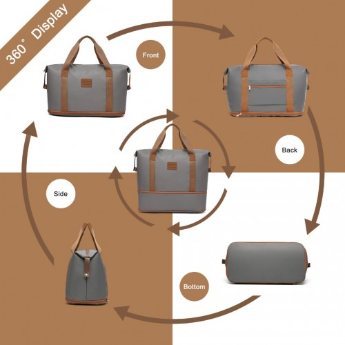 K1871-1L+EA2212 - Kono 6 Piece ABS Suitcase Set With 4 Wheel Design Including Vanity Case Weekend Bag And Toiletry Bag - Grey And Brown