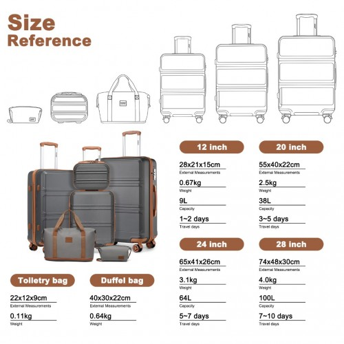 K1871-1L+EA2212 - Kono 6 Piece ABS Suitcase Set With 4 Wheel Design Including Vanity Case Weekend Bag And Toiletry Bag - Grey And Brown