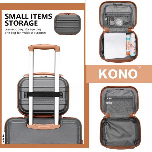K1871-1L+EA2212 - Kono 6 Piece ABS Suitcase Set With 4 Wheel Design Including Vanity Case Weekend Bag And Toiletry Bag - Grey And Brown