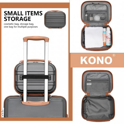 K1871-1L+EA2212 - Kono 6 Piece ABS Suitcase Set With 4 Wheel Design Including Vanity Case Weekend Bag And Toiletry Bag - Grey And Brown