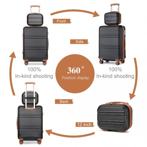 K1871-1L+EA2212 - Kono 6 Piece ABS Suitcase Set With 4 Wheel Design Including Vanity Case Weekend Bag And Toiletry Bag - Black And Brown