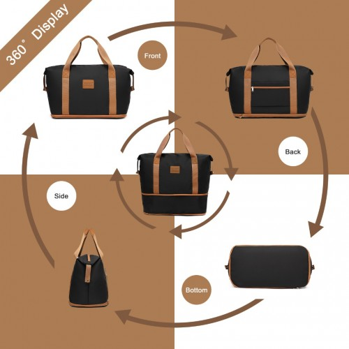 K1871-1L+EA2212 - Kono 6 Piece ABS Suitcase Set With 4 Wheel Design Including Vanity Case Weekend Bag And Toiletry Bag - Black And Brown