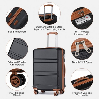 K1871-1L+EA2212 - Kono 6 Piece ABS Suitcase Set With 4 Wheel Design Including Vanity Case Weekend Bag And Toiletry Bag - Black And Brown