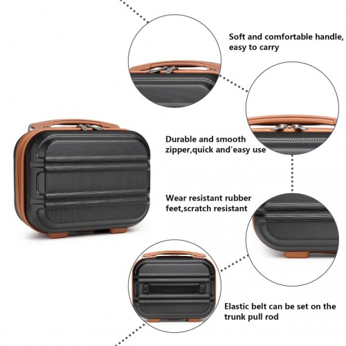 K1871-1L+EA2212 - Kono 6 Piece ABS Suitcase Set With 4 Wheel Design Including Vanity Case Weekend Bag And Toiletry Bag - Black And Brown