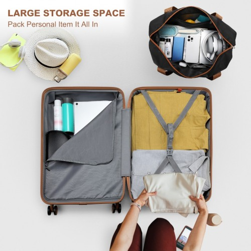 K1871-1L+EA2212 - Kono 6 Piece ABS Suitcase Set With 4 Wheel Design Including Vanity Case Weekend Bag And Toiletry Bag - Black And Brown