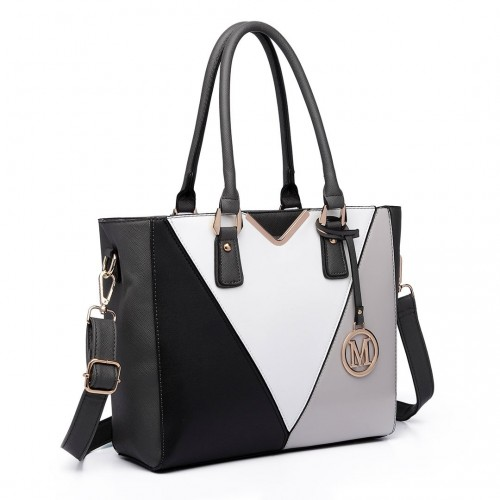 Miss Lulu Leather Look V-Shape Multicolour Tote Bag - Grey