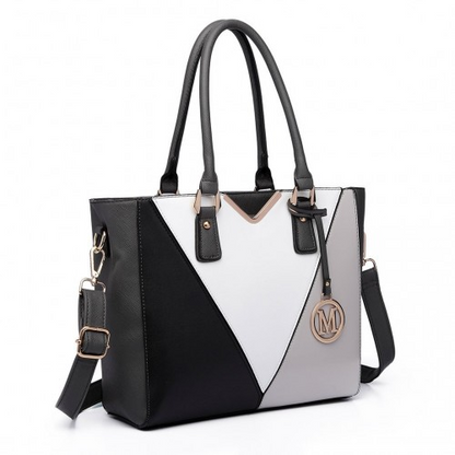 Miss Lulu Leather Look V-Shape Multicolour Tote Bag - Grey