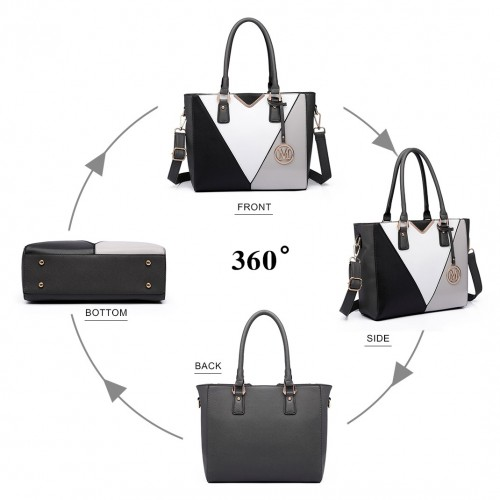 Miss Lulu Leather Look V-Shape Multicolour Tote Bag - Grey