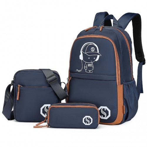 Kono Lightweight & Glow-in-the-Dark 3-Piece Laptop Backpack Set with Crossbody Bag and Pencil Case - Navy And Brown