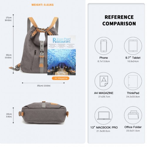 Kono Casual Canvas Dual-Use Bag - Large Capacity Shoulder Bag and Backpack - Grey