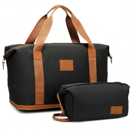 Expandable 36L Water-Resistant Travel Tote Set with Cosmetic Pouch - Versatile Black & Brown Carry-On Duffel Bag