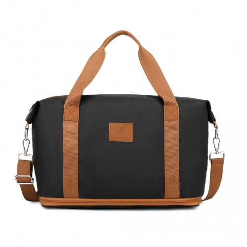 Expandable 36L Water-Resistant Travel Tote Set with Cosmetic Pouch - Versatile Black & Brown Carry-On Duffel Bag