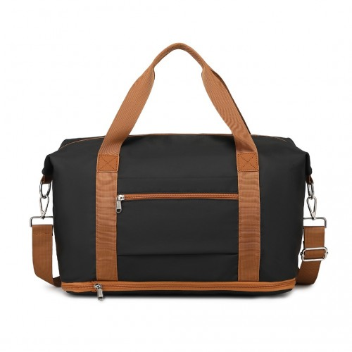 Expandable 36L Water-Resistant Travel Tote Set with Cosmetic Pouch - Versatile Black & Brown Carry-On Duffel Bag