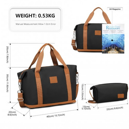 Expandable 36L Water-Resistant Travel Tote Set with Cosmetic Pouch - Versatile Black & Brown Carry-On Duffel Bag