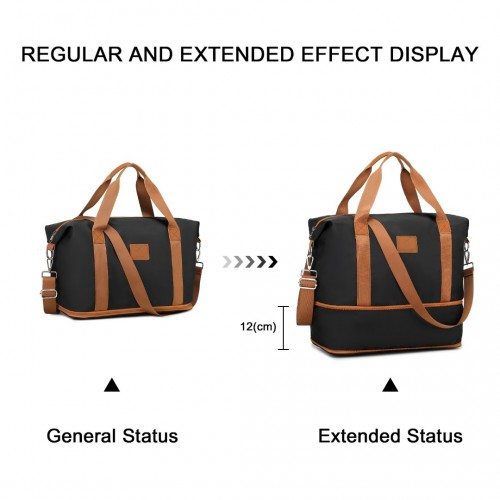 Expandable 36L Water-Resistant Travel Tote Set with Cosmetic Pouch - Versatile Black & Brown Carry-On Duffel Bag