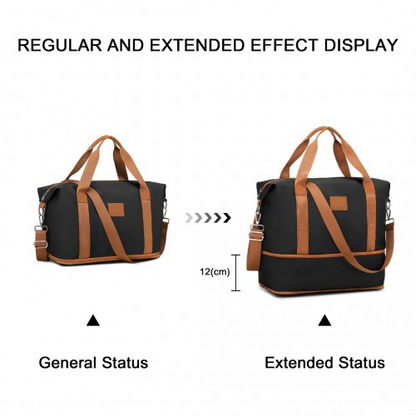 Expandable 36L Water-Resistant Travel Tote Set with Cosmetic Pouch - Versatile Black & Brown Carry-On Duffel Bag