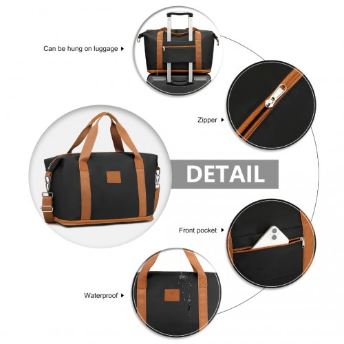 Expandable 36L Water-Resistant Travel Tote Set with Cosmetic Pouch - Versatile Black & Brown Carry-On Duffel Bag