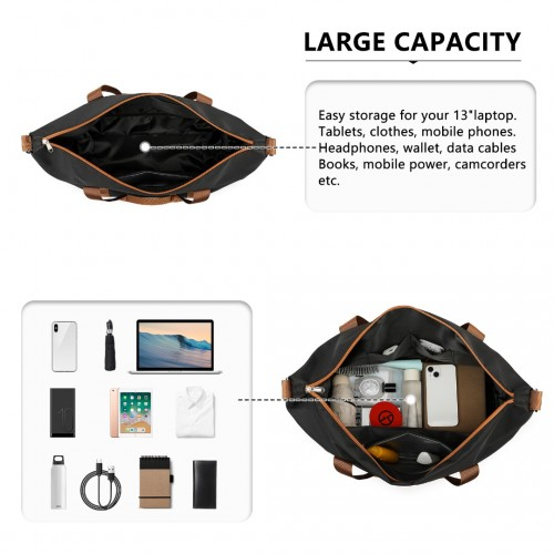 Expandable 36L Water-Resistant Travel Tote Set with Cosmetic Pouch - Versatile Black & Brown Carry-On Duffel Bag