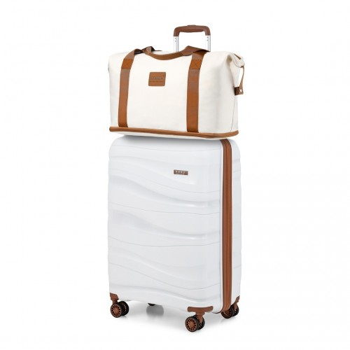 Kono 20 Inch Polypropylene Cabin Size Suitcase 3 Piece Travel Set with Weekend Bag and Toiletry Bag - Cream