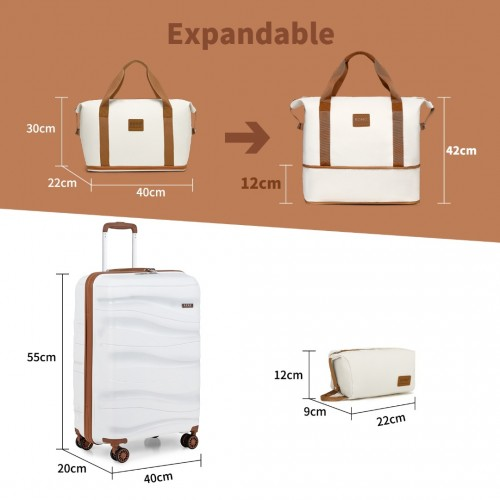Kono 20 Inch Polypropylene Cabin Size Suitcase 3 Piece Travel Set with Weekend Bag and Toiletry Bag - Cream