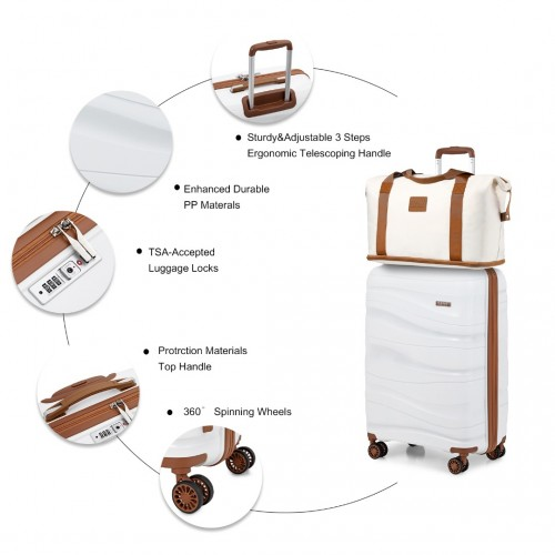 Kono 20 Inch Polypropylene Cabin Size Suitcase 3 Piece Travel Set with Weekend Bag and Toiletry Bag - Cream