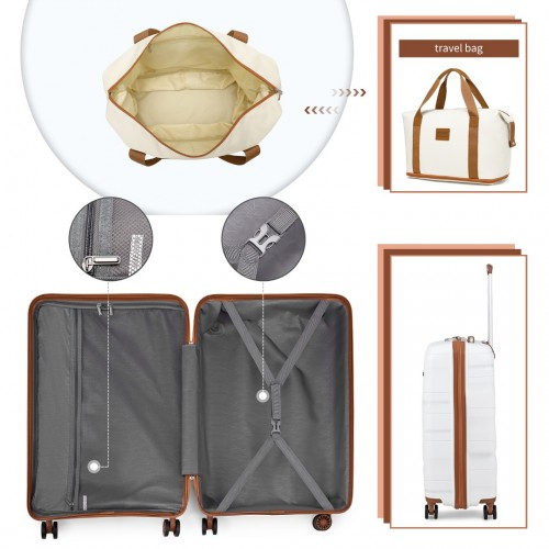 Kono 20 Inch Polypropylene Cabin Size Suitcase 3 Piece Travel Set with Weekend Bag and Toiletry Bag - Cream