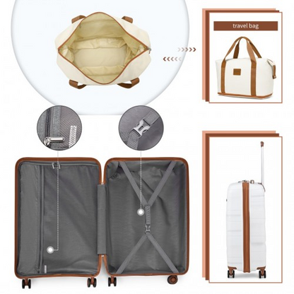 Kono 20 Inch Polypropylene Cabin Size Suitcase 3 Piece Travel Set with Weekend Bag and Toiletry Bag - Cream