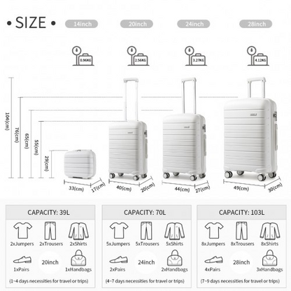 K2091L - Kono Multi Texture Hard Shell PP Suitcase With TSA Lock And Vanity Case 4 Pieces Set - Classic Collection - White