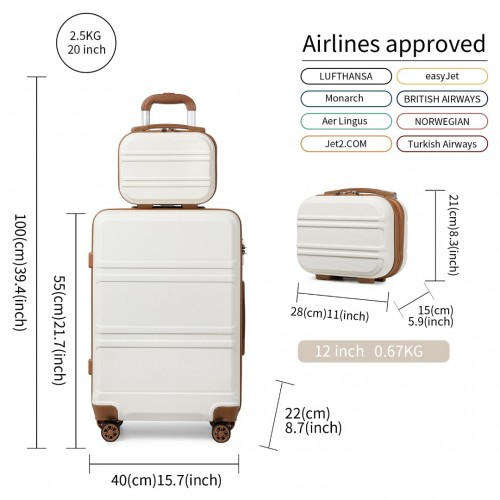 Kono ABS 4 Wheel Suitcase Set with Vanity Case - Cream | Durable & Stylish Travel Luggage
