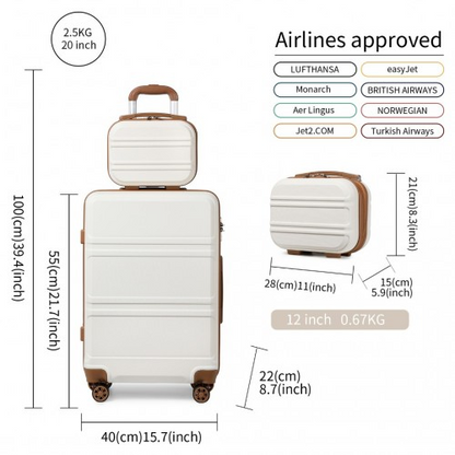 Kono ABS 4 Wheel Suitcase Set with Vanity Case - Cream | Durable & Stylish Travel Luggage