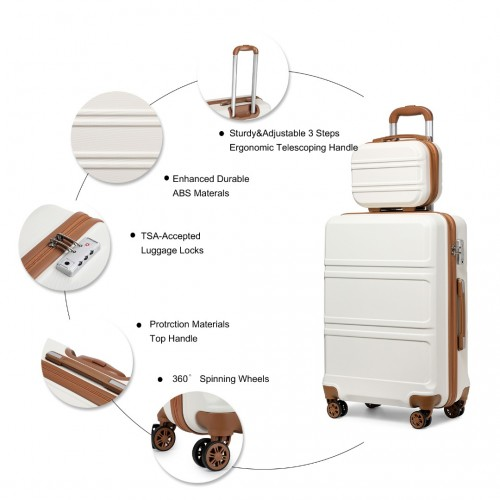 Kono ABS 4 Wheel Suitcase Set with Vanity Case - Cream | Durable & Stylish Travel Luggage