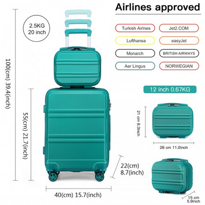 Kono ABS 4 Wheel Suitcase Set with Vanity Case - Teal