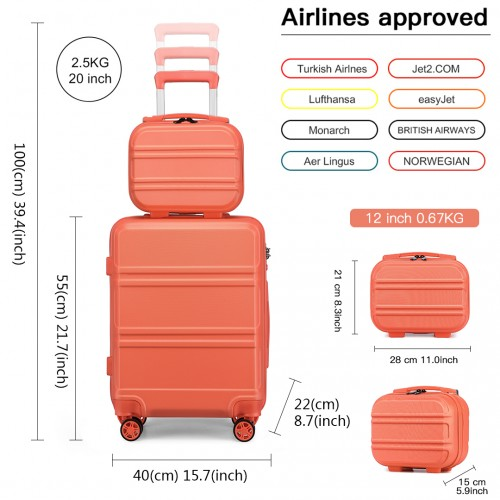 Kono ABS 4 Wheel Suitcase Set with Vanity Case - Coral | Durable & Stylish Travel Luggage