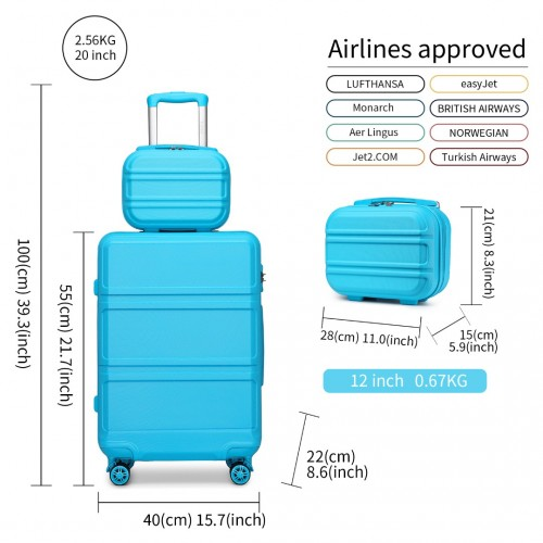 Kono ABS 4 Wheel Suitcase Set with Vanity Case - Blue - Durable Travel Luggage