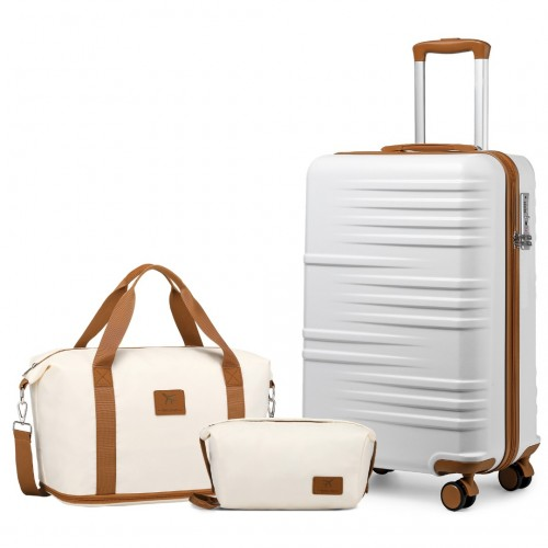 British Traveller 20 Inch Polycarbonate & ABS Cabin Size Suitcase 3 Piece Travel Set - Beige & Brown