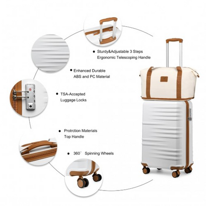 British Traveller 20 Inch Polycarbonate & ABS Cabin Size Suitcase 3 Piece Travel Set - Beige & Brown
