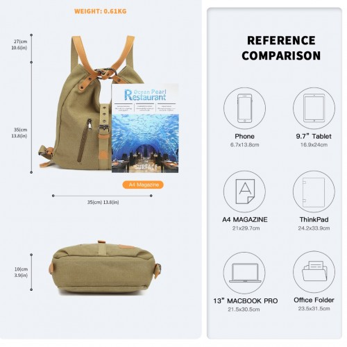 Kono Casual Canvas Dual-Use Bag - Large Capacity Shoulder Bag & Backpack - Khaki