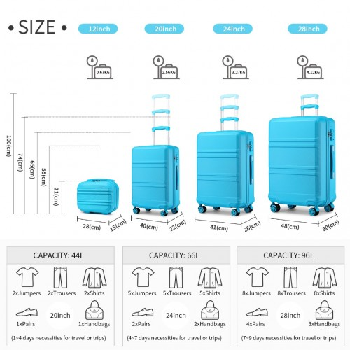 K1871-1L+E2019 - Kono ABS Suitcase Set With 4 Wheel Design Including Vanity Case And Travel Luggage Organiser Bag Set - Blue