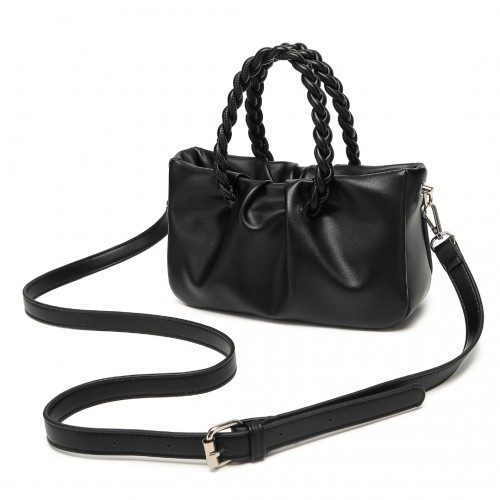 Miss Lulu Elegant PU Leather Braided Handle Cross Body Bag - Black