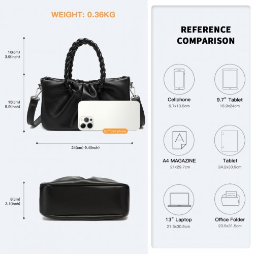 Miss Lulu Elegant PU Leather Braided Handle Cross Body Bag - Black