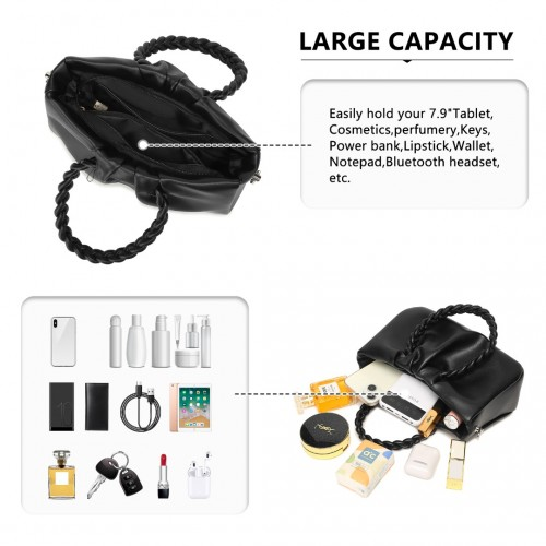 Miss Lulu Elegant PU Leather Braided Handle Cross Body Bag - Black