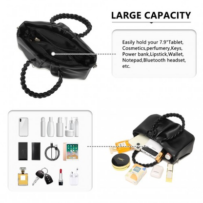 Miss Lulu Elegant PU Leather Braided Handle Cross Body Bag - Black