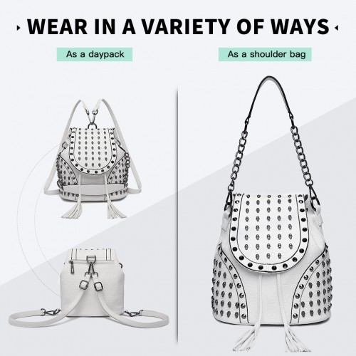 L1414 - Miss Lulu Skull Studded Backpack Shoulder Bag - Beige - Stylish & Versatile